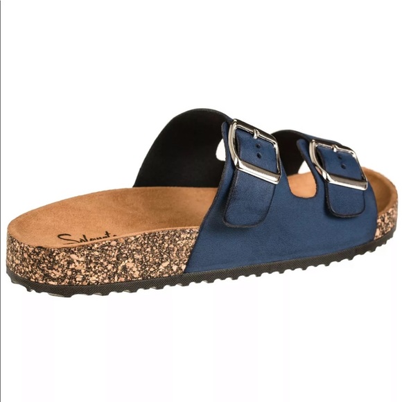 SOLEMATE Navy Blue Faux Leather Dbl Buckle Slides - Picture 2 of 3